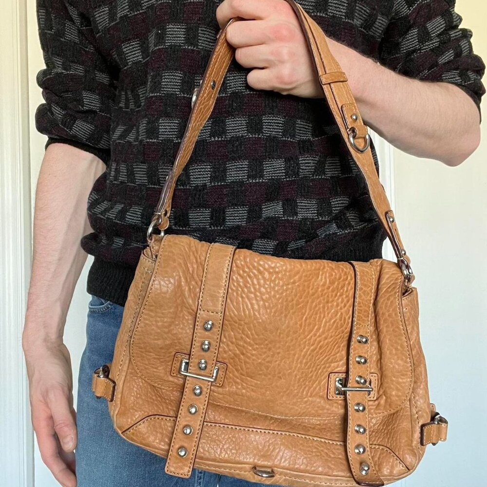 Rebecca Minkhoff Tan Pebbled Leather Shoulder Bad Studded Strap Normcore Y2K